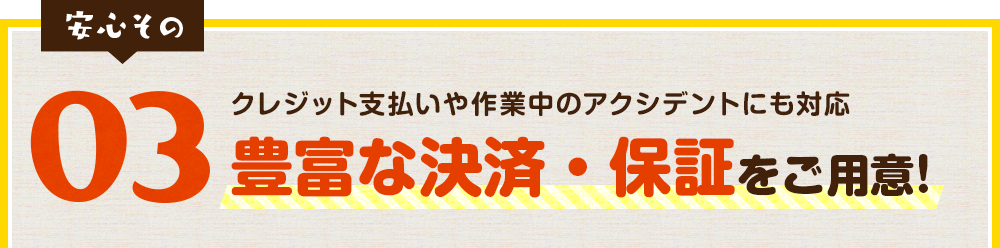 クレジット支払いや作業中のアクシデントにも対応 豊富な決済・保証をご用意!
